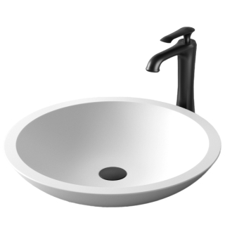 Karran Quattro QM162 Matte White Acrylic 19" Round Bathroom Vessel Sink with Faucet and drain in Matte Black