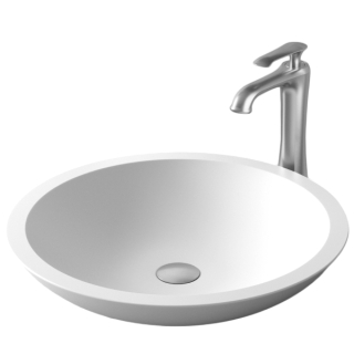 Karran Quattro QM162 Matte White Acrylic 19" Round Bathroom Vessel Sink with Faucet and drain in Stainless Steel