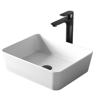 Karran Quattro QM172 Matte White Acrylic 18" Rectangular Bathroom Vessel Sink with Faucet and drain in Matte Black