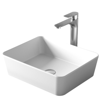 Karran Quattro QM172 Matte White Acrylic 18" Rectangular Bathroom Vessel Sink with Faucet and drain in Stainless Steel