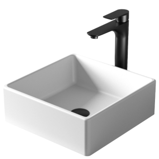 Karran Quattro QM174 Matte White Acrylic 15" Square Bathroom Vessel Sink with Faucet and drain in Matte Black