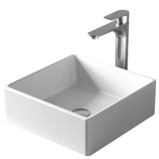 Karran Quattro QM174 Matte White Acrylic 15" Square Bathroom Vessel Sink with Faucet and drain in Stainless Steel