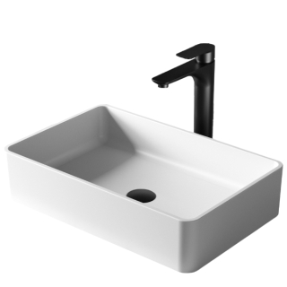 Karran Quattro QM176 Matte White Acrylic 21" Rectangular Bathroom Vessel Sink with Faucet and drain in Matte Black