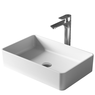 Karran Quattro QM176 Matte White Acrylic 21" Rectangular Bathroom Vessel Sink with Faucet and drain in Stainless Steel