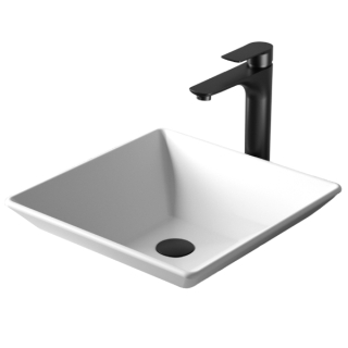 Karran Quattro QM178 Matte White Acrylic 16" Square Bathroom Vessel Sink with Faucet and drain in Matte Black