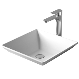 Karran Quattro QM178 Matte White Acrylic 16" Square Bathroom Vessel Sink with Faucet and drain in Stainless Steel