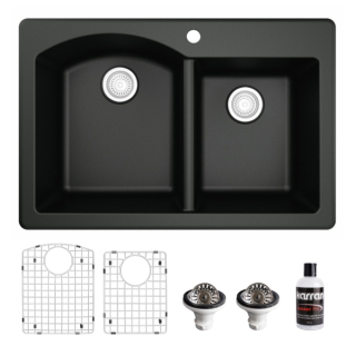 Drop-In Quartz Composite 33" 60/40 Double Bowl Kitchen Sink Kit in Black
