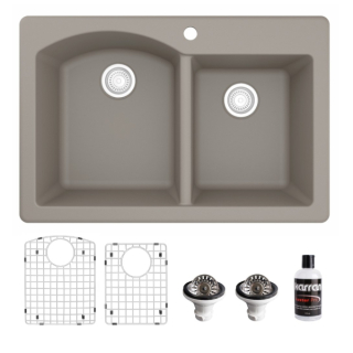Drop-In Quartz Composite 33" 60/40 Double Bowl Kitchen Sink Kit in Concrete