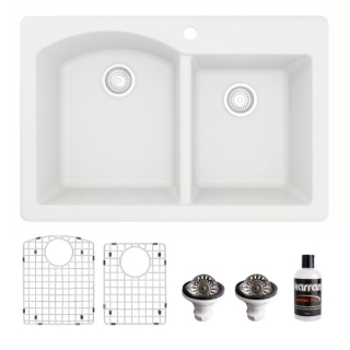 Drop-In Quartz Composite 33" 60/40 Double Bowl Kitchen Sink Kit in White