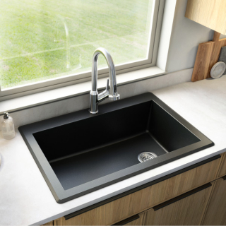 33" Top Mount Large Single Bowl Quartz Kitchen Sink in Black