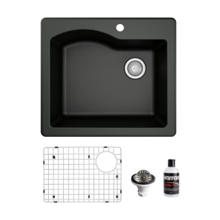 Drop-In Quartz Composite 25" Single Bowl Kitchen Sink Kit in Black