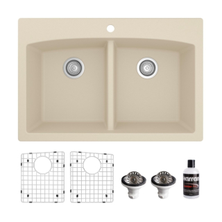 Drop-in Quartz Composite 33" 50/50 Double Bowl Kitchen Sink Kit in Bisque
