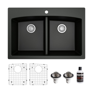 Drop-in Quartz Composite 33" 50/50 Double Bowl Kitchen Sink Kit in Black