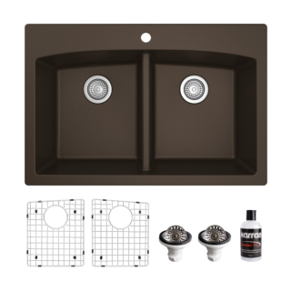 Drop-in Quartz Composite 33" 50/50 Double Bowl Kitchen Sink Kit in Brown