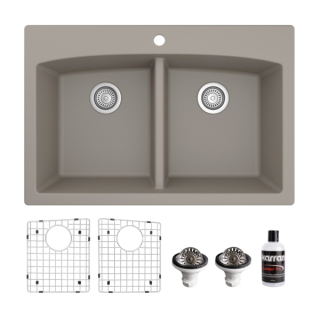 Drop-in Quartz Composite 33" 50/50 Double Bowl Kitchen Sink Kit in Concrete