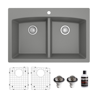 Drop-in Quartz Composite 33" 50/50 Double Bowl Kitchen Sink Kit in Grey