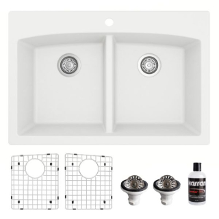 Drop-in Quartz Composite 33" 50/50 Double Bowl Kitchen Sink Kit in White