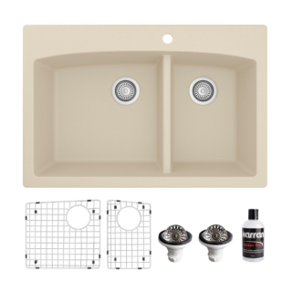 Drop-In Quartz Composite 33" 60/40 Double Bowl Kitchen Sink Kit in Bisque
