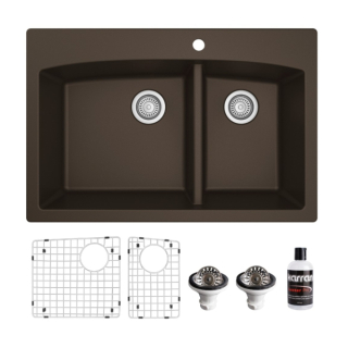 Drop-In Quartz Composite 33" 60/40 Double Bowl Kitchen Sink Kit in Brown