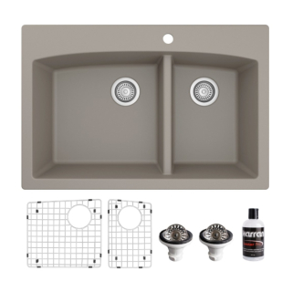Drop-In Quartz Composite 33" 60/40 Double Bowl Kitchen Sink Kit in Concrete