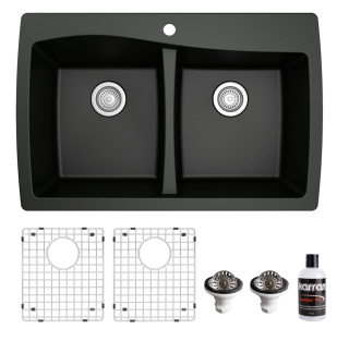 34" Top Mount Double Equal Bowl Quartz Kitchen Sink kit in Black