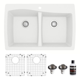 34" Top Mount Double Equal Bowl Quartz Kitchen Sink kit in White