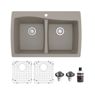 34" Top Mount Double Equal Bowl Quartz Kitchen Sink kit in Concrete