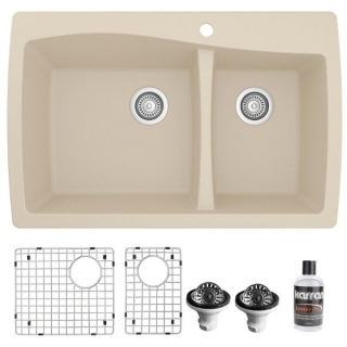 Drop-In Quartz Composite 34" 1-Hole 60/40 Double Bowl Kitchen Sink With Bottom Grids and Strainers in Bisque