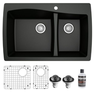Drop-In Quartz Composite 34" 1-Hole 60/40 Double Bowl Kitchen Sink With Bottom Grids and Strainers in Black