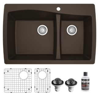 Drop-In Quartz Composite 34" 1-Hole 60/40 Double Bowl Kitchen Sink With Bottom Grids and Strainers in Brown