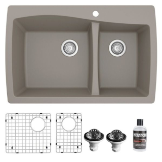 Drop-In Quartz Composite 34" 1-Hole 60/40 Double Bowl Kitchen Sink With Bottom Grids and Strainers in Concrete