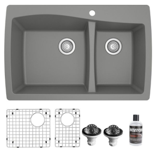 Drop-In Quartz Composite 34" 1-Hole 60/40 Double Bowl Kitchen Sink With Bottom Grids and Strainers in Grey