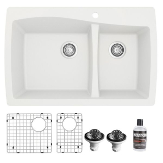 Drop-In Quartz Composite 34" 1-Hole 60/40 Double Bowl Kitchen Sink With Bottom Grids and Strainers in White