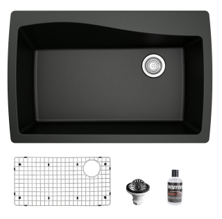Drop-In Quartz Composite 34" 1-Hole Single Bowl Kitchen Sink in Black with Grid & Waster Strainer in Stainless Steel