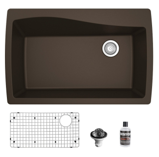 Drop-In Quartz Composite 34" 1-Hole Single Bowl Kitchen Sink in Brown with Grid & Waster Strainer in Stainless Steel