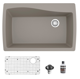 Drop-In Quartz Composite 34" 1-Hole Single Bowl Kitchen Sink in Concrete with Grid & Waster Strainer in Stainless Steel