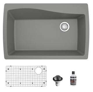 Drop-In Quartz Composite 34" 1-Hole Single Bowl Kitchen Sink in Grey with Grid & Waster Strainer in Stainless Steel
