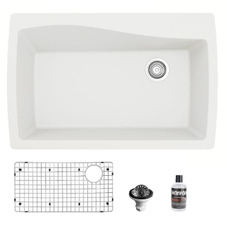 Drop-In Quartz Composite 34" 1-Hole Single Bowl Kitchen Sink in White with Grid & Waster Strainer in Stainless Steel