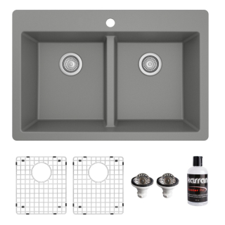 Karran 33" Top Mount Double Equal Bowl Quartz Kitchen Sink Kit in Grey