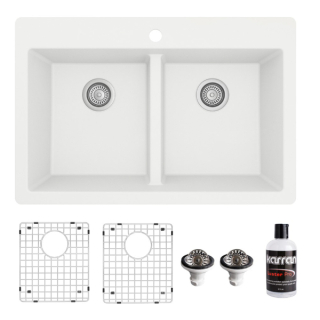 Karran 33" Top Mount Double Equal Bowl Quartz Kitchen Sink Kit in White