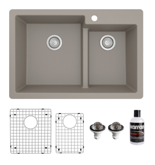 Karran 33" Top Mount Large/Small Bowl Quartz Kitchen Sink Kit in Concrete