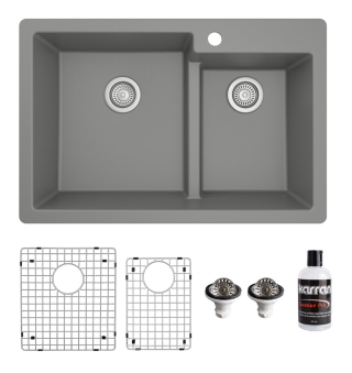 Karran 33" Top Mount Large/Small Bowl Quartz Kitchen Sink Kit in Grey