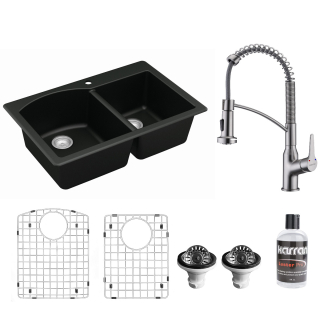 All in One Drop-In Quartz 33" 1-Hole 60/40 Double Bowl Kitchen Sink in Black with KKF210 Faucet in Stainless Steel