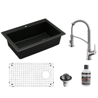Drop-In Quartz Composite 33" 1-Hole Single Bowl Kitchen Sink in Black with KKF210 in Stainless Steel