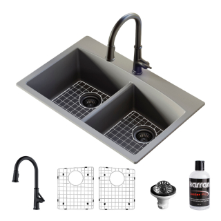 Karran Drop-In Quartz Composite 33" 1-Hole 50/50 Double Bowl Kitchen Sink in Grey with Kitchen Faucet in Matte Black