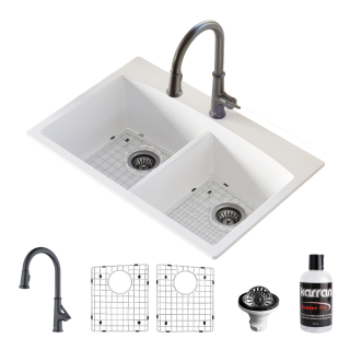 Karran Drop-In Quartz Composite 33" 1-Hole 50/50 Double Bowl Kitchen Sink in White with Kitchen Faucet in Gunmetal Grey