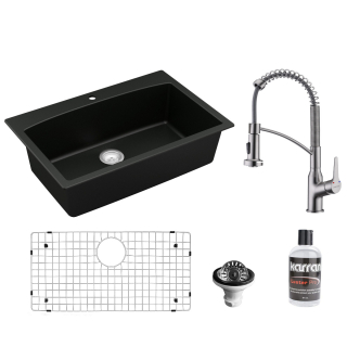 Drop-In Quartz Composite 33" 1-Hole Single Bowl Kitchen Sink in Black with Faucet KKF210 in Stainless Steel