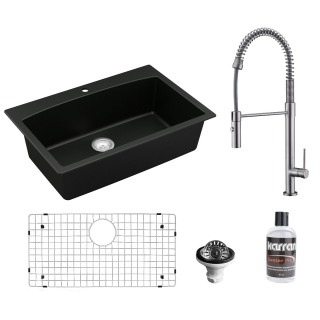 Drop-In Quartz Composite 33" 1-Hole Single Bowl Kitchen Sink in Black with Faucet KKF220 in Stainless Steel