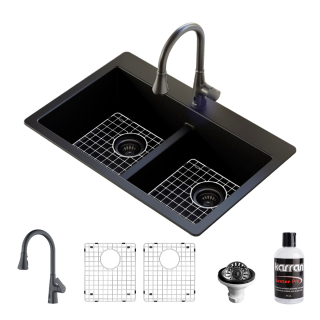 Karran 33" Top Mount Double Bowl 50/50 Quartz Kitchen Sink in Black with Faucet in Gunmetal Grey