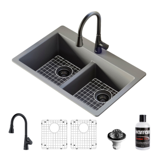 Karran 33" Top Mount Double Bowl 50/50 Quartz Kitchen Sink in Grey with Kitchen Faucet in Matte Black